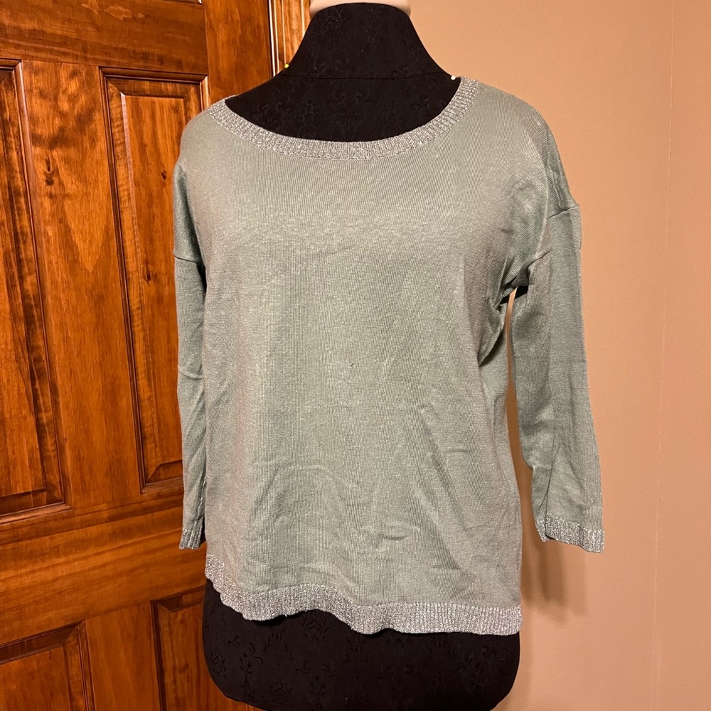 ❤️ LOFT Lightweight Linen Fine Knit Sweater with Glitter Sparkle Cuffs Trim